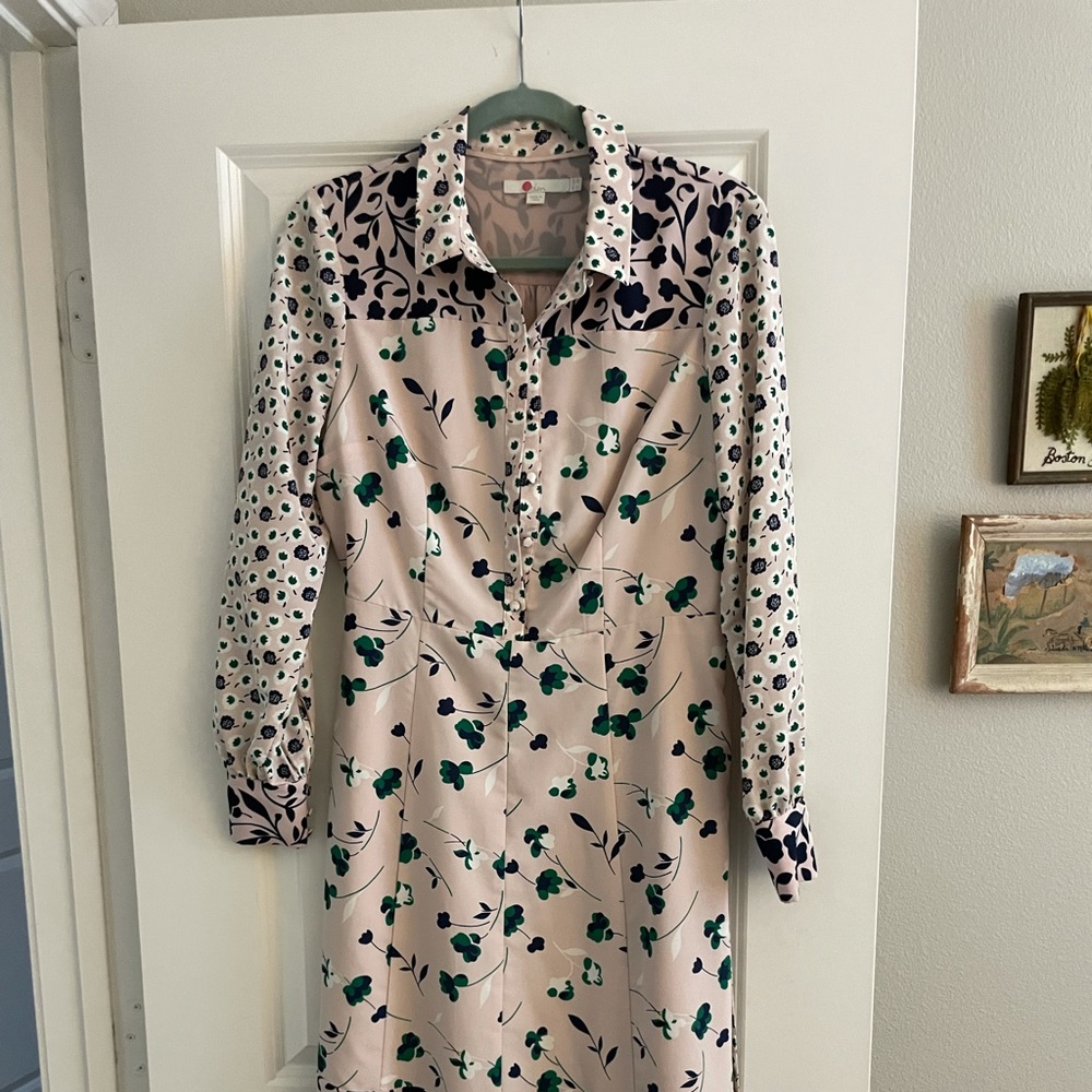 Floral Print Beige Shirt Dress with Green Accents